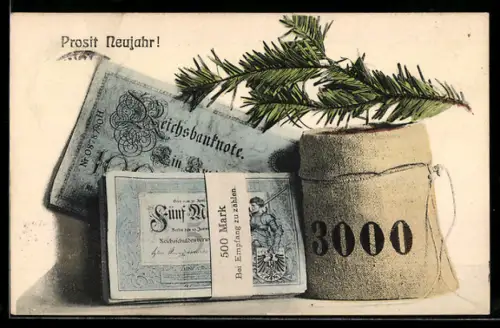 AK Bündel Reichsmark-Scheine neben einem Geldsack und Tannenzweig