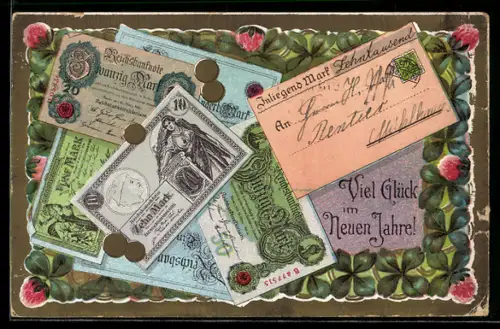 AK Reichsbanknoten 5, 10, 20 und 50 Mark, Kleeblätter, Geld