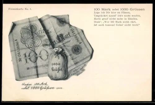 AK Einhundert Reichsmark-Schein neben einem Sack Geld