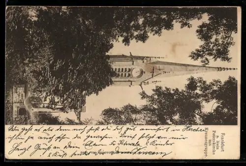 AK Frankfurt a. M., Kirchturm, Peterskirche mit Kreuzesgruppe