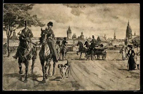 Künstler-AK Frankfurt a. M., Reiter und Kutsche vor Ortspanorama