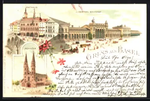 Lithographie Basel, Blick auf Central-Bahnhof, Rathaus und Münster