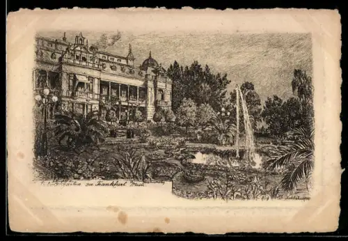 Künstler-AK Frankfurt-Westend, Palmengarten mit Gebäude und Springbrunnen