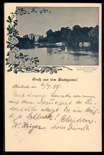AK Karlsruhe, Uferpartie im Stadtgarten