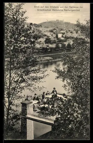 AK Neckargemünd, Blick auf den Dilsberg von der Terrasse der Griechischen Weinstube