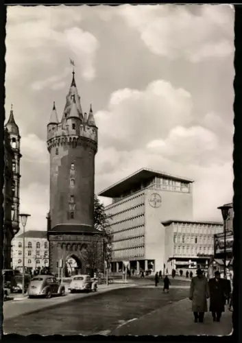 AK Frankfurt a. M., Eschenheimer Turm und Bayer Haus