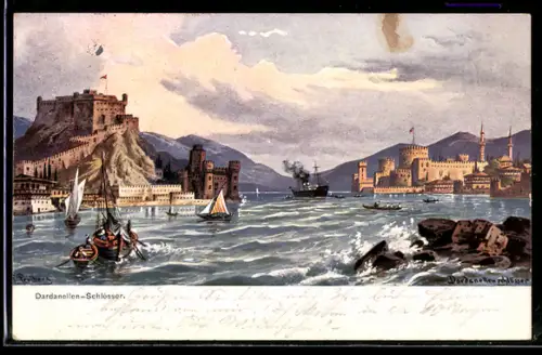 Künstler-AK F.Perlberg: Dardanellen, Schlösser, Boote