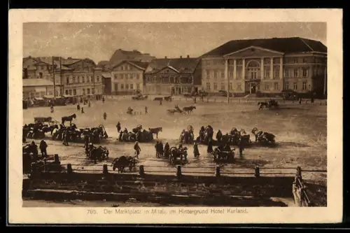 AK Mitau, Blick auf den Makrtplatz, im Hintergrund Hotel Kurland