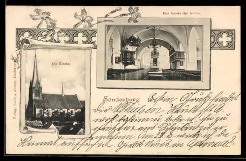 AK Sonderburg, Kirche mit Innenansicht, Rahmen, Ornamente