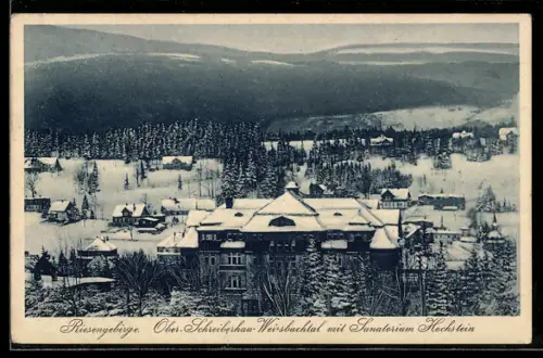 AK Schreiberhau-Weisbachtal, Totalansicht mit Sanatorium Hochstein im Winter