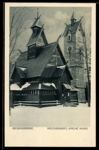 AK Brückenberg, die Kirche Wang im Schnee, Riesengebirge