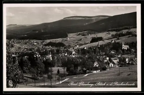 AK Bad Flinsberg /Isergebirge, Blick von der Buchenbaude n. d. Hochstein u. Grünen Koppe