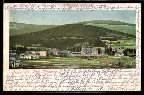 AK Bad Flinsberg /Isergeb., Teilansicht mit Wiesen und Bergpanorama