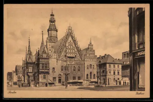 AK Breslau, Rathaus mit Denkmal