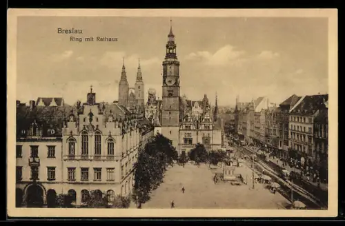 AK Breslau, Ring mit Rathaus, Denkmal