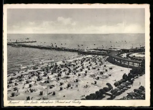 AK Zoppot, Strand mit Seesteg aus der Vogelschau