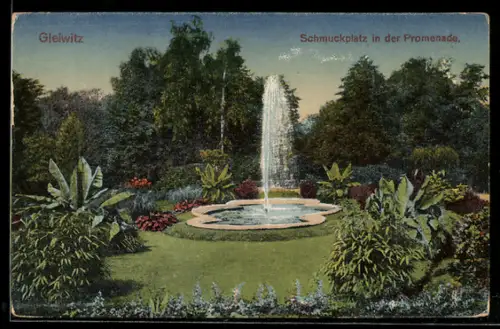 AK Gleiwitz, Schmuckplatz in der Promenade mit Wasserspiel