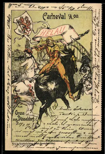 AK Düsseldorf, Fasching, Narr reitet mit geschulterter Lanze rückwärts auf einem Pferd, Helau