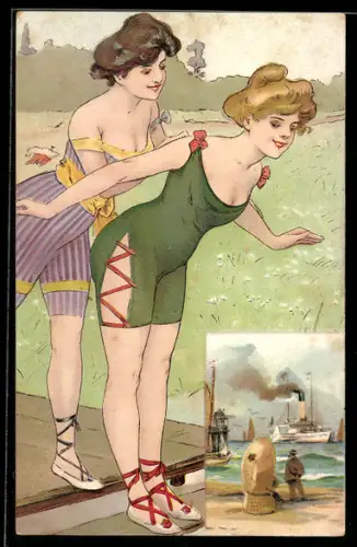 AK Bademode, Junge Frauen auf einem Steg, Dampfer am Hafen