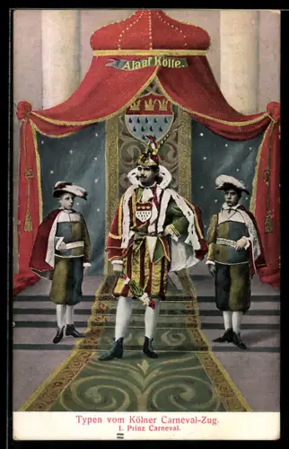 AK Köln, Männer in höfischer Kleidung zum Karneval, Adliger mit zwei Bediensteten, Prinz Carneval