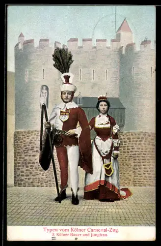 AK Köln, Mann mit Dreschflegel neben einer schönen Frau zum Karneval, Bauer und Jungfrau