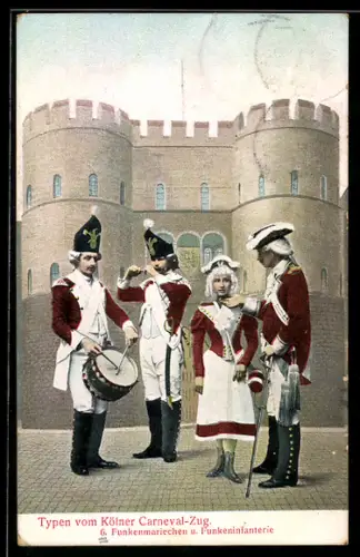 AK Köln, Funkenmariechen und Funkeninfanterie in Uniformen mit Trommel