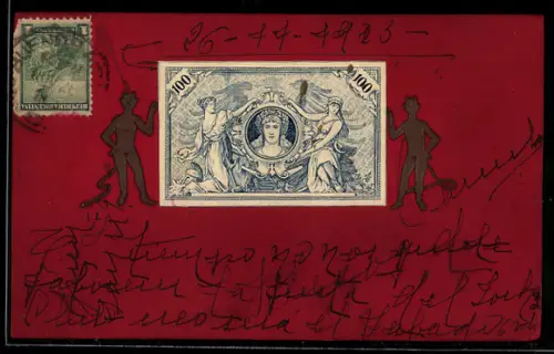 Präge-AK Zwei Teufel neben einem Hundert argentinische Peso-Schein