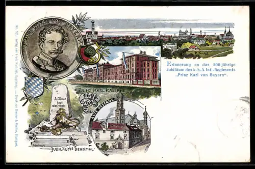 Lithographie Augsburg, 200 jähriges Jubiläum des Kgl. bayr. 3. Inft-Regiments (Prinz Karl v. Bayern), Prinz Karl Kaserne
