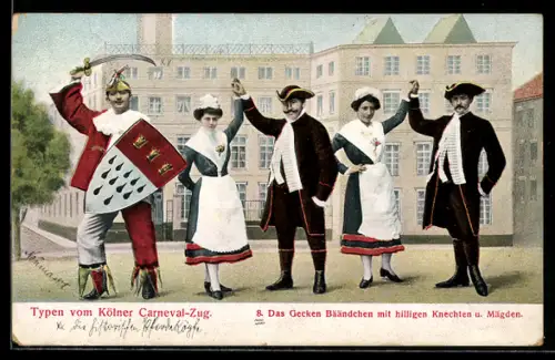 AK Köln, Karnevalsgesellschaft, Mann mit Schild und Säbel neben hilligen Knechten und Mägden