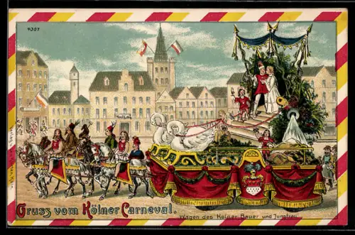 Lithographie Köln, Kölner Carneval, Wagen des Kölner Bauer und Jungfrau