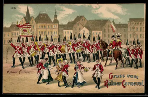 AK Köln, Fasching, Kapelle Kölner Funken mit tanzenden Menschen