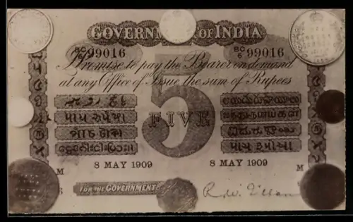 AK Indischer Geldschein 5 Rupees, Münzen