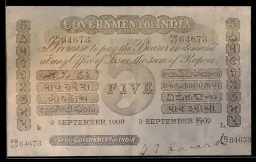 AK Indischer Geldschein 5 Rupees 1909