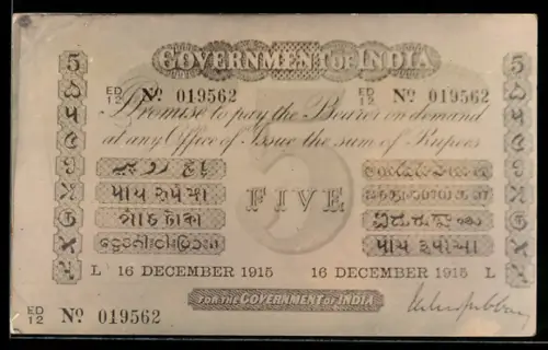 AK Indischer Geldschein 5 Rupees 1915