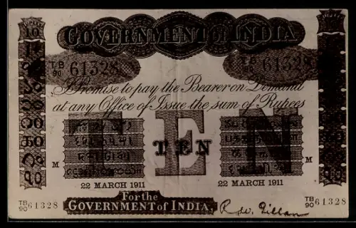 AK Indischer Geldschein 10 Rupees 1911