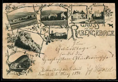 Vorläufer-AK Ullersdorf, 1894, Gasthaus Hubertus, Rabengebirge, Blick auf Ullersdorf, Rabenstein, Kapelle