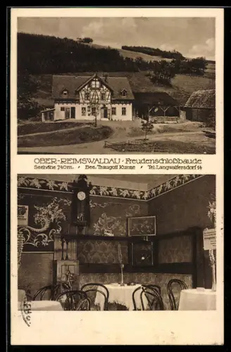 AK Ober-Reimswaldau, Freudenschlobaude, Aussenansicht und Speisesaal