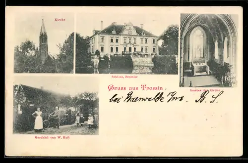 AK Trossin, Kirche, Schloss von der Seeseite, Inneres der Kirche und Geschäft von W. Hoft