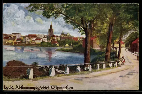 AK Lyck, Uferpartie mit Blick zum Ort