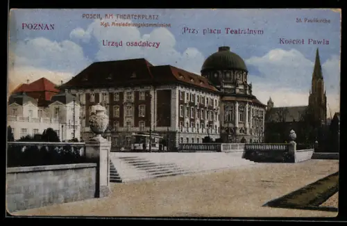 AK Posen, Theaterplatz mit Kgl. Ansiedelungskommission und St. Paulikirche