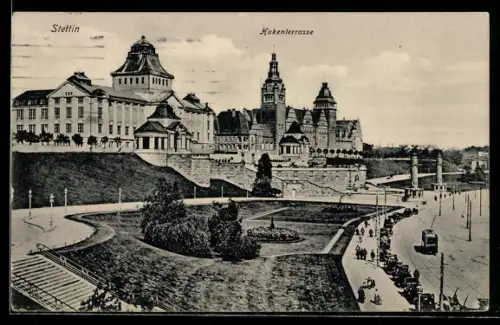 AK Stettin, Strassenbahn an der Hakenterrasse