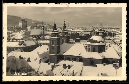 AK Ljubljana, Panorama mit Kirche im Schnee