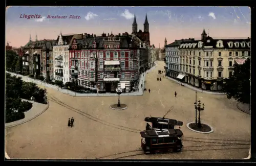 AK Liegnitz, Breslauer Platz mit Strassenbahn