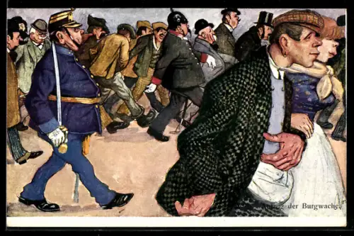 Künstler-AK Carl Josef: Wien, Aufzug der Burgwache, Schaulustige und Wachmänner, zusammensetzbare Karte aus 6 Teilen