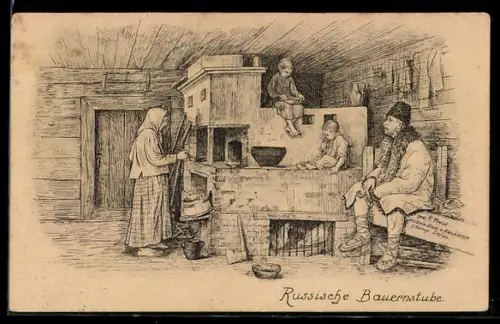 AK Russisches Ehepaar mit Kindern am Ofen in der Stube