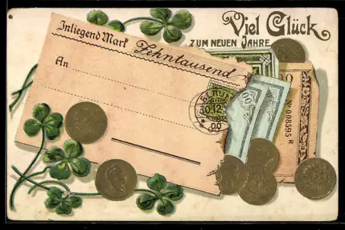 AK Banknoten und Geldmünzen im Umschlag, Kleeblätter