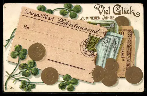 AK Neujahrsgruss, Goldmark, Kleeblatt