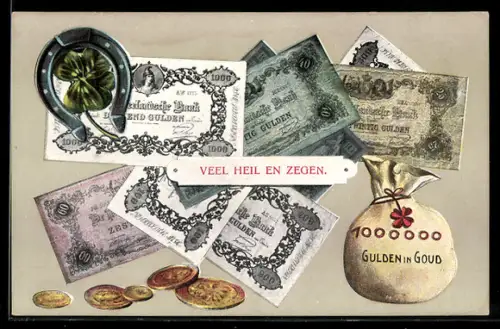 AK niederländische Geldscheine u. Geldstücke, Gulden, Geldsack, Hufeisen, Kleeblatt