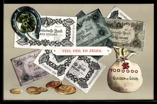 AK Sack voller Geld, niederländische Banknoten und Münzen, Kleeblatt mit Hufeisen