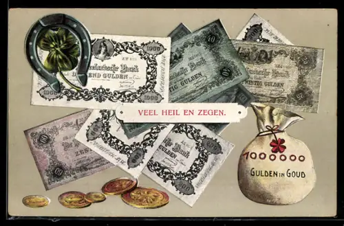 AK Sack voller Geld, niederländische Banknoten und Münzen, Kleeblatt mit Hufeisen